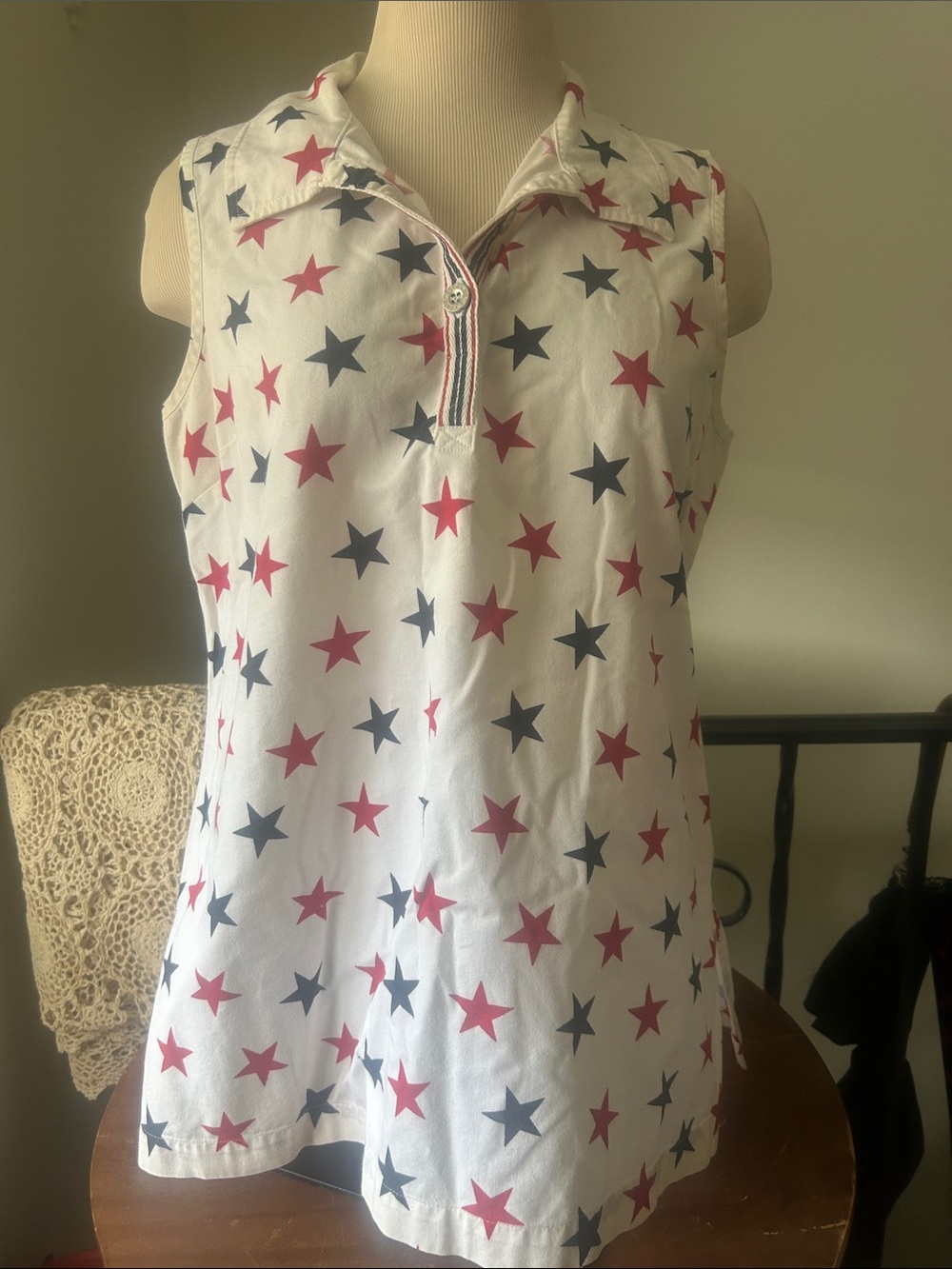Vintage patriotic Russ sleeveless shirt, red, white, and blue
